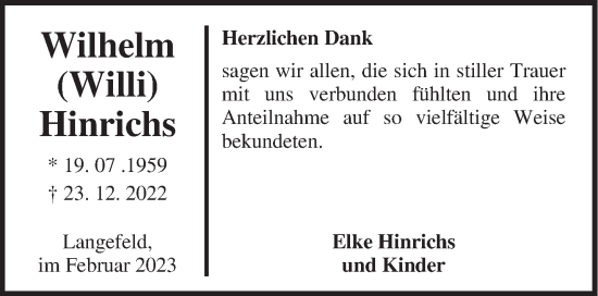 Traueranzeige von Wilhelm Hinrichs von Anzeiger für Harlingerland