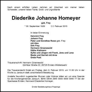 Traueranzeige von Diederike Johanne Homeyer von Emder Zeitung