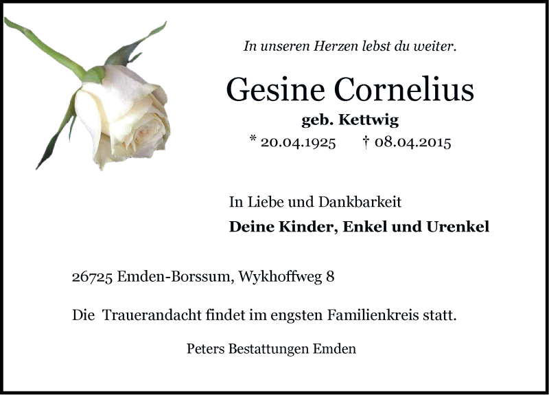  Traueranzeige für Gesine Cornelius vom 09.04.2015 aus Emder Zeitung
