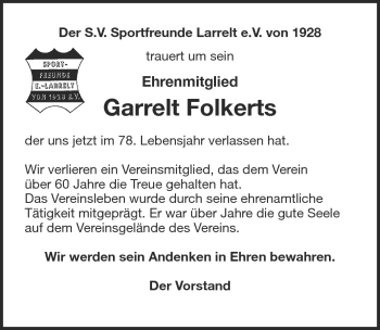 Traueranzeige von Garrelt Folkerts von Emder Zeitung