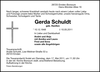 Traueranzeige von Gerda Schuldt von Emder Zeitung