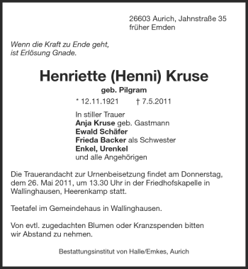 Traueranzeige von Henriette (Henni) Kruse von Emder Zeitung