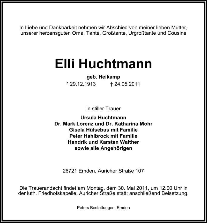  Traueranzeige für Elli Huchtmann vom 26.05.2011 aus Emder Zeitung