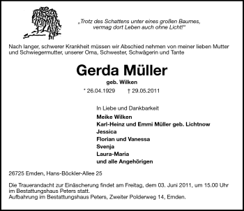 Traueranzeige von Gerda Müller von Emder Zeitung