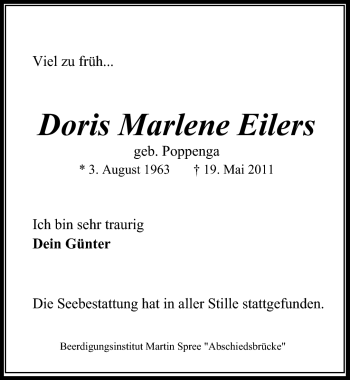 Traueranzeige von Doris Marlene Eilers von Emder Zeitung
