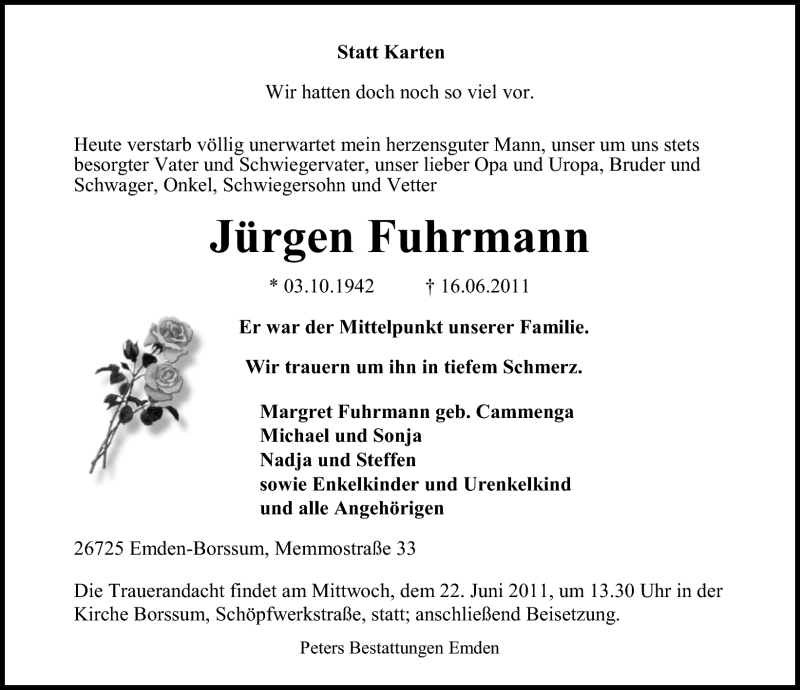  Traueranzeige für Jürgen Fuhrmann vom 18.06.2011 aus Emder Zeitung