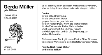 Traueranzeige von Gerda Müller von Emder Zeitung