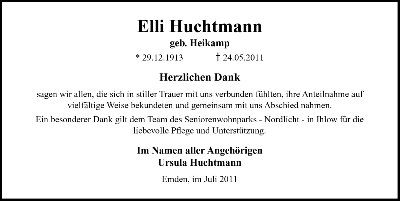  Traueranzeige für Elli Huchtmann vom 02.07.2011 aus Emder Zeitung