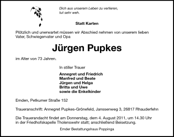 Traueranzeige von Jürgen Pupkes von Emder Zeitung