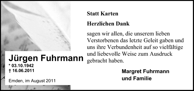  Traueranzeige für Jürgen Fuhrmann vom 03.08.2011 aus Emder Zeitung