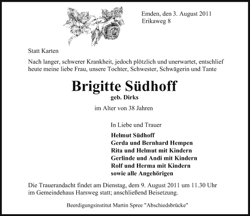  Traueranzeige für Brigitte Südhoff vom 05.08.2011 aus Emder Zeitung