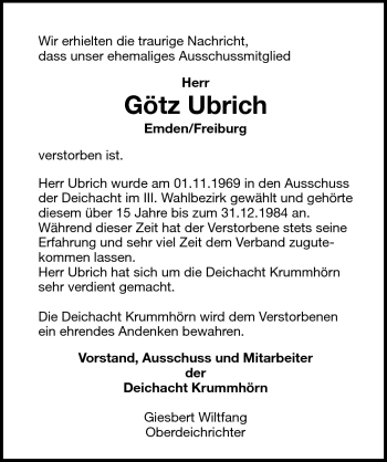 Traueranzeige von Götz Ubrich von Emder Zeitung