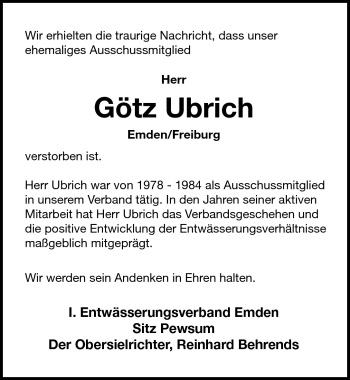 Traueranzeige von Götz Ubrich von Emder Zeitung