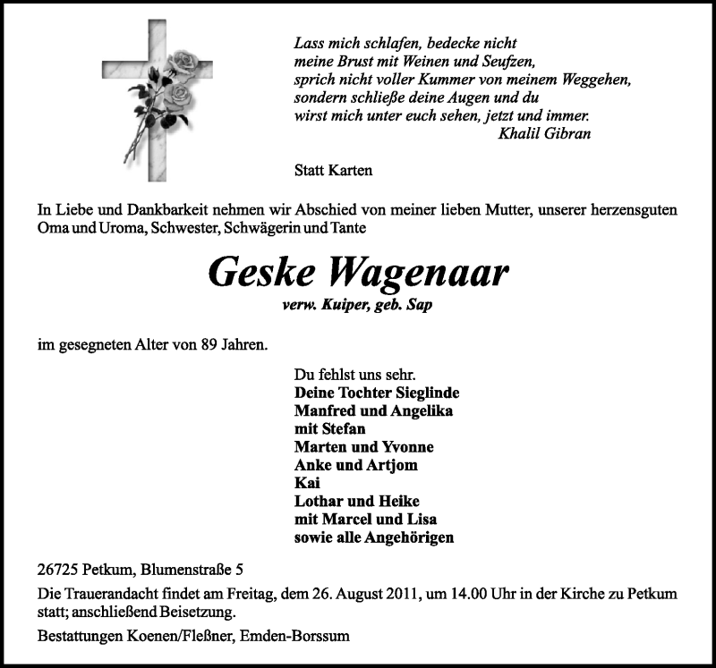  Traueranzeige für Geske Wagenaar vom 24.08.2011 aus Emder Zeitung