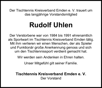 Traueranzeige von Rudolf Uhlen von Emder Zeitung