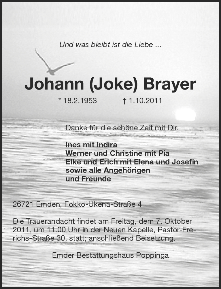  Traueranzeige für Johann (Joke) Brayer vom 04.10.2011 aus Emder Zeitung