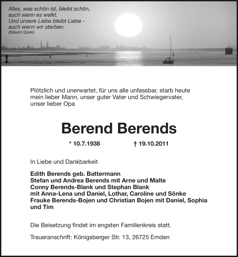  Traueranzeige für Berend Berends vom 26.10.2011 aus Emder Zeitung