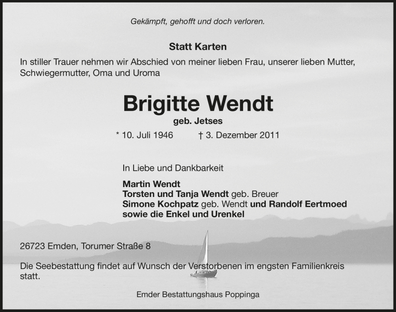  Traueranzeige für Brigitte Wendt vom 05.12.2011 aus Emder Zeitung