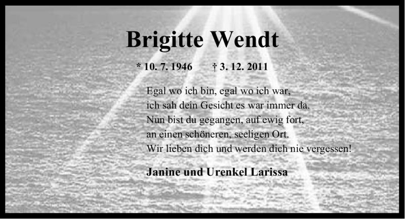  Traueranzeige für Brigitte Wendt vom 06.12.2011 aus Emder Zeitung