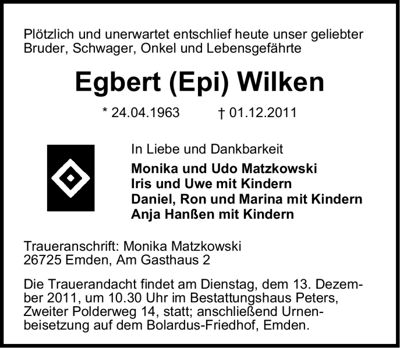  Traueranzeige für Egbert Wilken vom 07.12.2011 aus Emder Zeitung