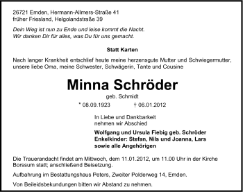 Traueranzeige von Minna Schröder von Emder Zeitung