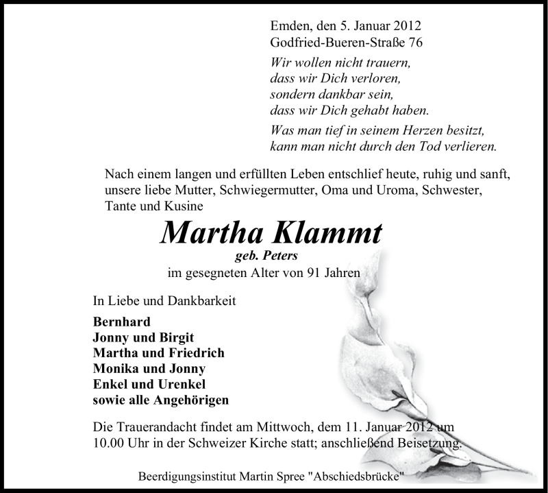  Traueranzeige für Martha Klammt vom 07.01.2012 aus Emder Zeitung