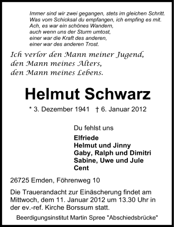 Traueranzeige von Helmut Schwarz von Emder Zeitung