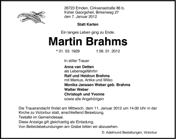 Traueranzeige von Martin Brahms von Emder Zeitung
