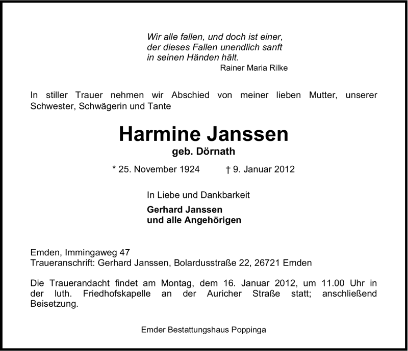  Traueranzeige für Harmine Janssen vom 11.01.2012 aus Emder Zeitung