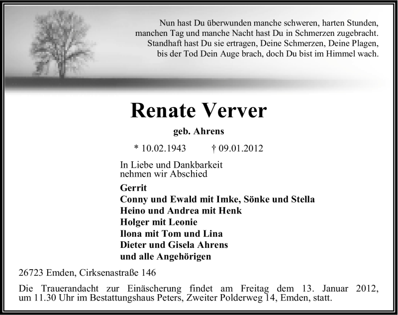  Traueranzeige für Renate Verver vom 11.01.2012 aus Emder Zeitung