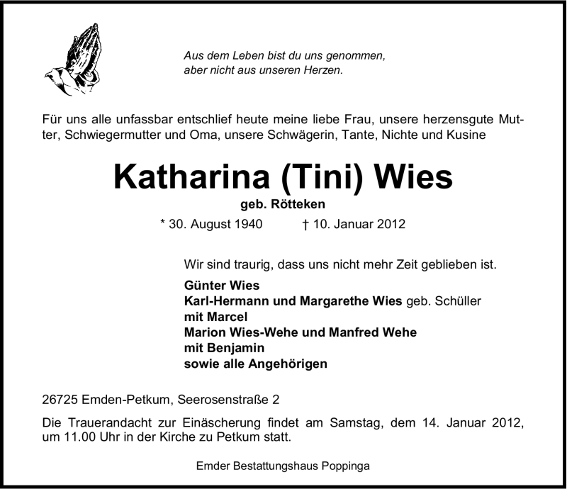  Traueranzeige für Katharina Wies vom 12.01.2012 aus Emder Zeitung