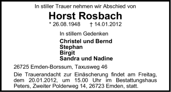 Traueranzeige von Horst Rosbach von Emder Zeitung