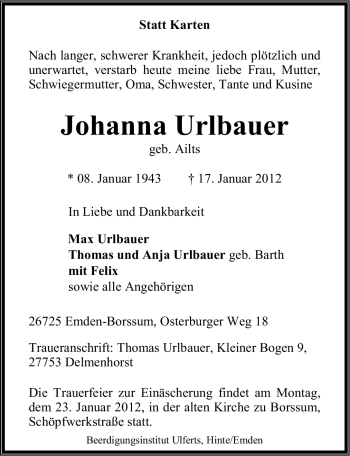 Traueranzeige von Johanna Urlbauer von Emder Zeitung