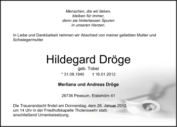 Traueranzeige von Hildegard Dröge von Emder Zeitung