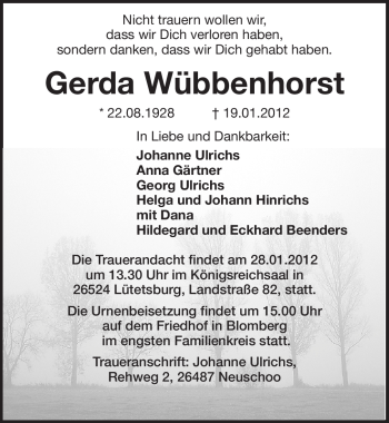 Traueranzeige von Gerda Wübbenhorst von Emder Zeitung