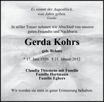 Traueranzeige von Gerda Kohrs von Emder Zeitung