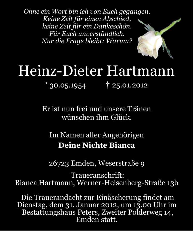  Traueranzeige für Heinz-Dieter Hartmann vom 27.01.2012 aus Emder Zeitung