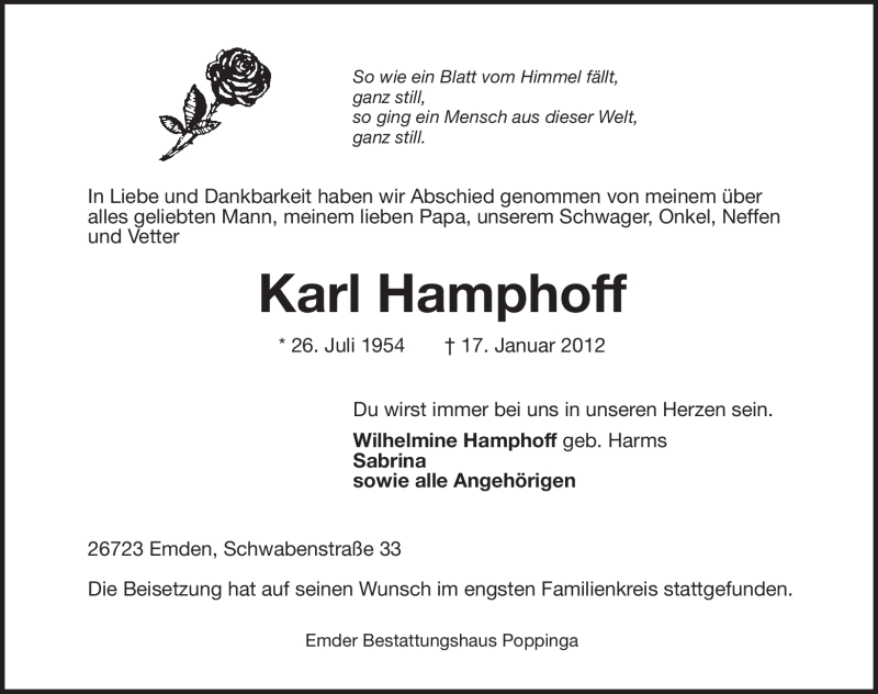  Traueranzeige für Karl Hamphoff vom 30.01.2012 aus Emder Zeitung