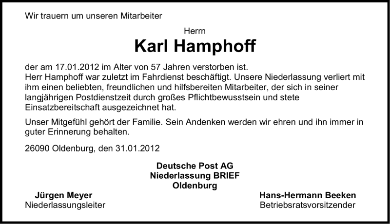  Traueranzeige für Karl Hamphoff vom 31.01.2012 aus Emder Zeitung