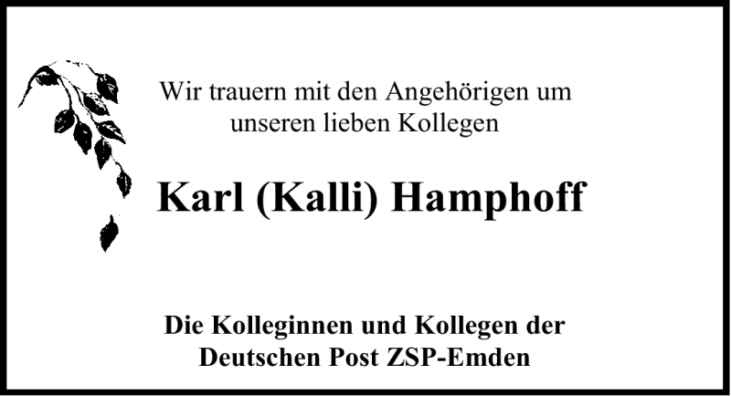  Traueranzeige für Karl Hamphoff vom 04.02.2012 aus Emder Zeitung