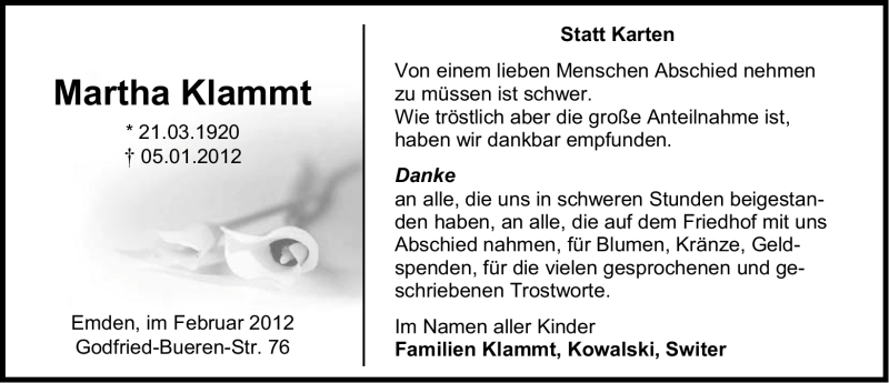  Traueranzeige für Martha Klammt vom 11.02.2012 aus Emder Zeitung