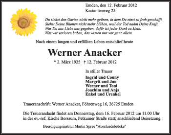 Traueranzeige von Werner Anacker von Emder Zeitung