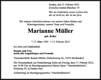 Traueranzeige von Marianne Müller von Emder Zeitung