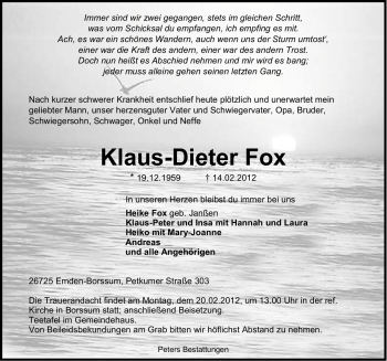 Traueranzeige von Klaus-Dieter Fox von Emder Zeitung