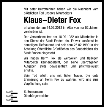 Traueranzeige von Klaus-Dieter Fox von Emder Zeitung