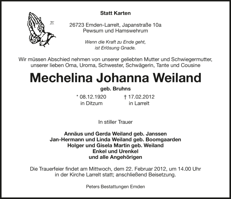  Traueranzeige für Mechelina Johanna Weiland vom 18.02.2012 aus Emder Zeitung