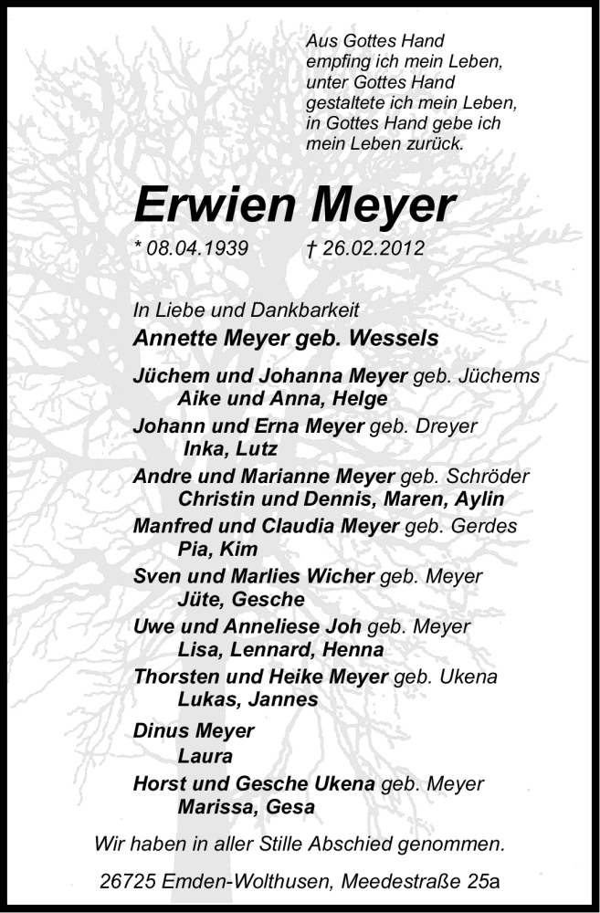  Traueranzeige für Erwien Meyer vom 10.03.2012 aus Emder Zeitung