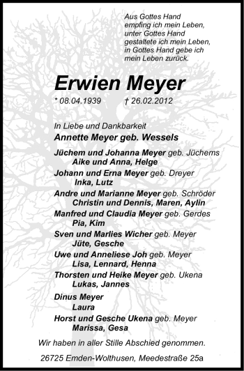 Traueranzeige von Erwien Meyer von Emder Zeitung