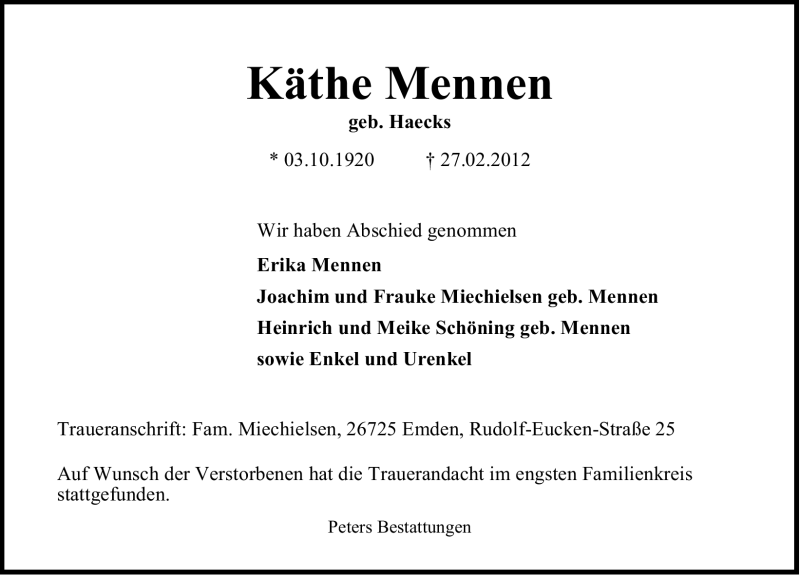 Traueranzeige für Käthe Mennen vom 07.03.2012 aus Emder Zeitung
