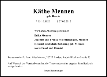 Traueranzeige von Käthe Mennen von Emder Zeitung